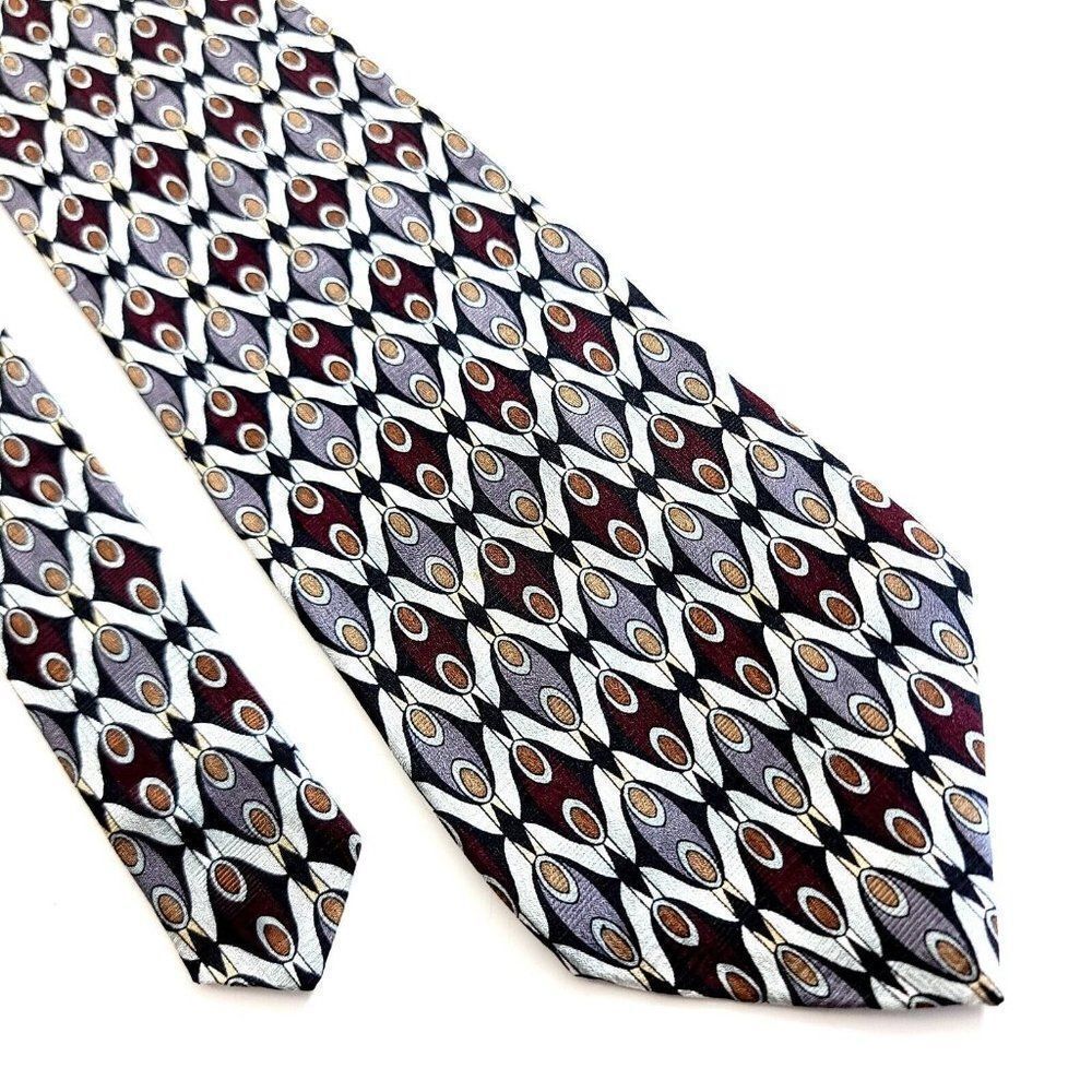 Martin Wong Red Silver Tan Print Short Wide Silk Tie‎